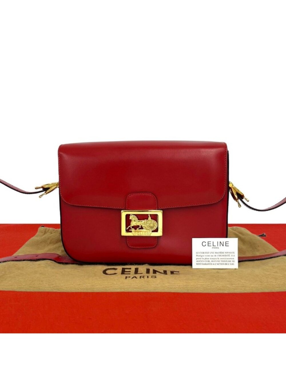 Celine Vintage Logo Carriage Calf Leather Shoulder Bag Pochette Red
